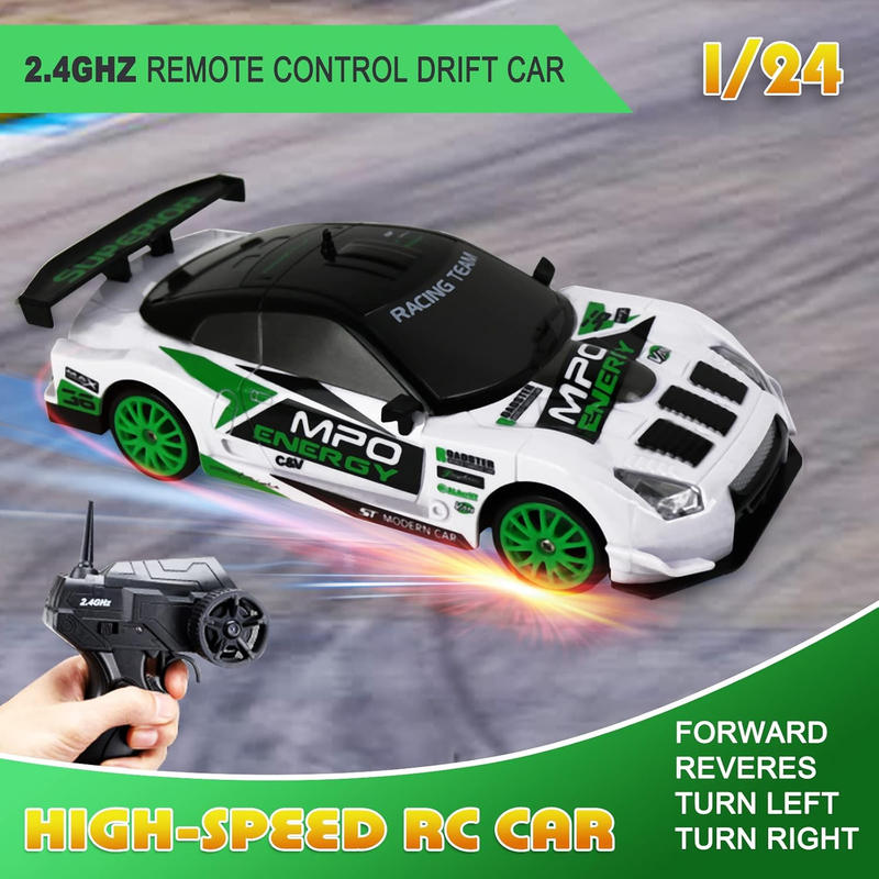 Coche Teledirigido Drift 1:24 GTR Blanco – Auto RC 4WD de Alta Velocidad con Luces LED, Control Remoto 2.4GHz y Ruedas de Derrape Intercambiables