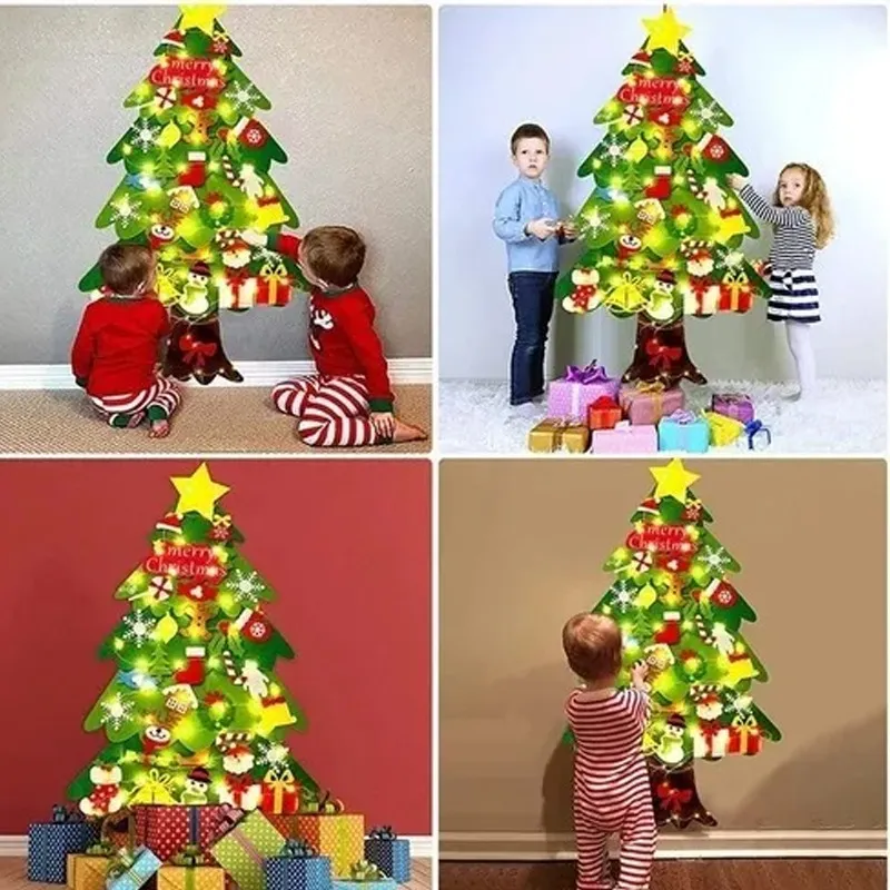 🎄 Árbol de Navidad de Fieltro con 25 Adornos + Luces LED 3m | Decoración Navideña DIY para Niños