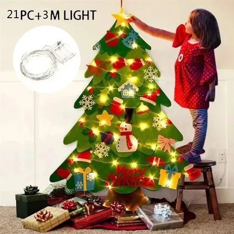 🎄 Árbol de Navidad de Fieltro con 25 Adornos + Luces LED 3m | Decoración Navideña DIY para Niños